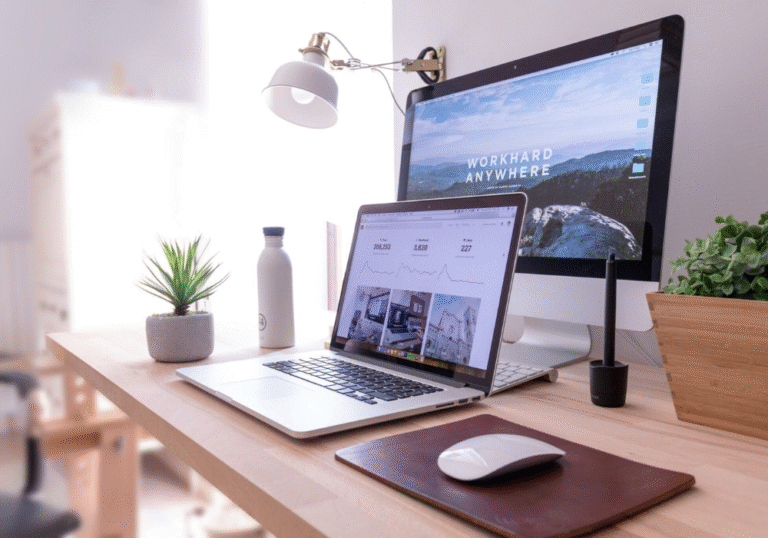 Un double écran sur un bureau affiche un site web récemment créé, illustrant le processus de développement web.Photo de Domenico Loia : Photo de <a href="https://unsplash.com/fr/@domenicoloia?utm_content=creditCopyText&utm_medium=referral&utm_source=unsplash">Domenico Loia</a> sur <a href="https://unsplash.com/fr/photos/macbook-pro-sur-la-table-a-cote-dun-imac-blanc-et-dune-magic-mouse-hGV2TfOh0ns?utm_content=creditCopyText&utm_medium=referral&utm_source=unsplash">Unsplash</a>

