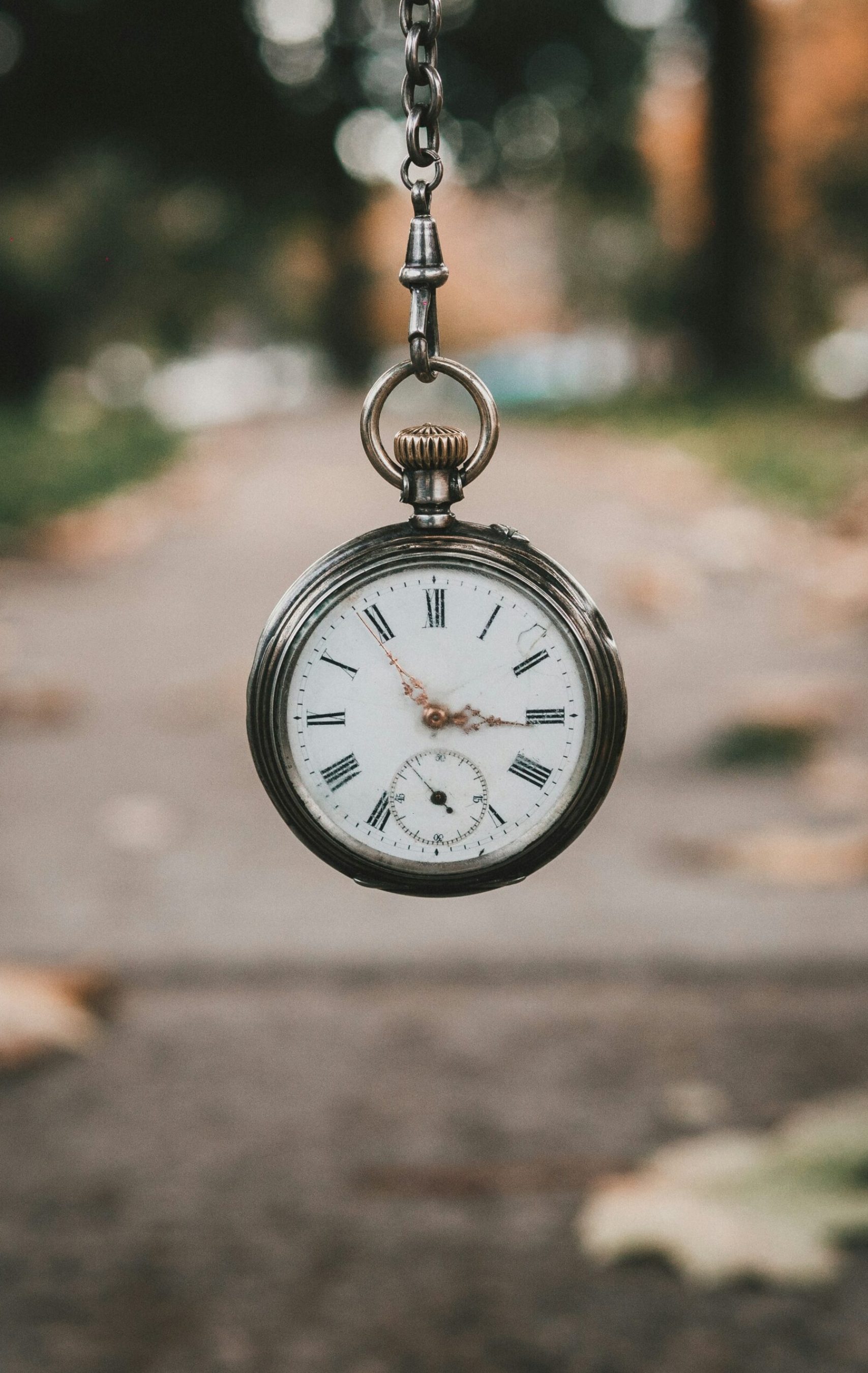 Montre à Gousset avec Chiffres Romains - Symbole du Temps devant une Rue Pavée et Verdoyante